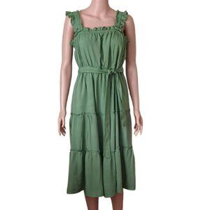 Millennium Green Tiered Peasant Dress L Sleeveless Ruffle Tie Belt Fully Lined
